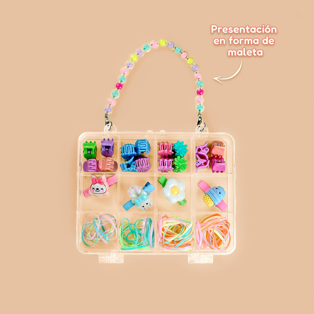 Set de ganchitos cangrejo pico de pato y ligas para cabello en maleta transparente con asa de perlas multicolor