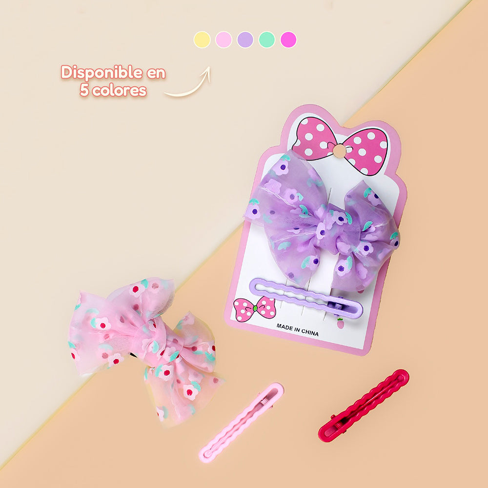 Set de lazo floral con tul y ganchito pico de pato estampado floral disponible en 5 colores amarillo rosado morado menta y fucsia