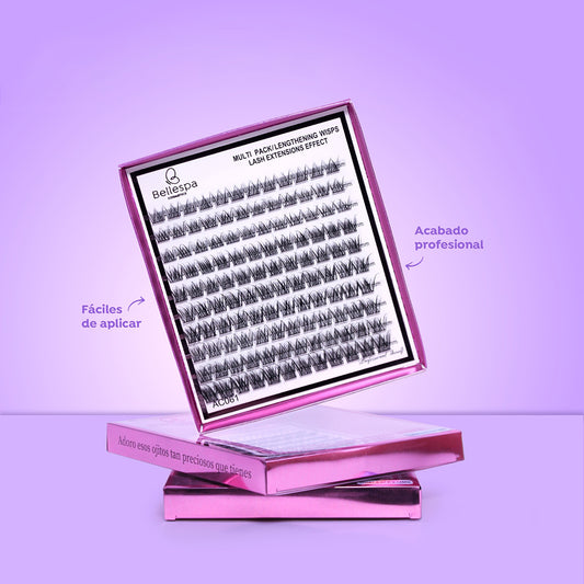 Set multi pack lengthening wisps lash extensions Bellespa, longitudes 9mm a 14mm de acabado profesional fácil de aplicar