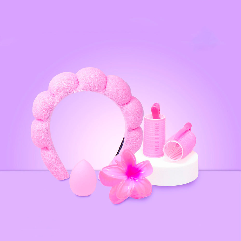 Set Skincare Hawaii Vincha Ruleros y Blender Maquillaje – Vincha acolchada rosada, 2 ruleros, beauty blender y gancho flor hawaiana, fondo lila