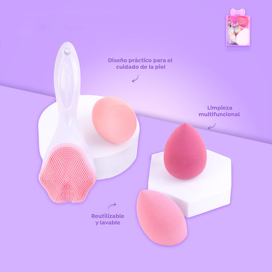 Set Skincare Just For You Bellespa – 3 blenders en tonos rosados y cepillo de limpieza facial de silicona, fondo lila