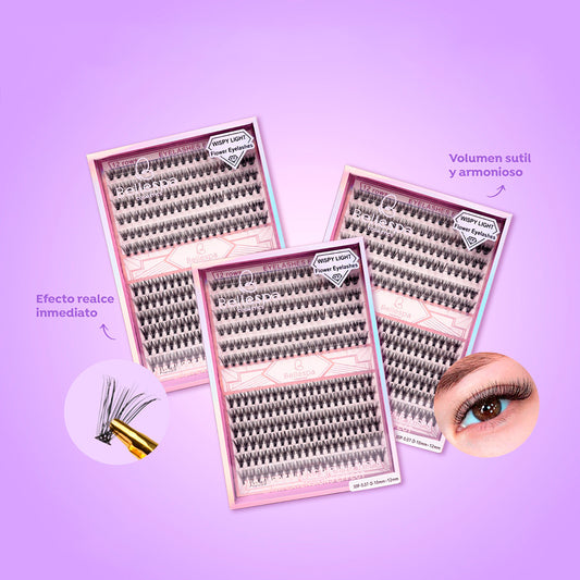 Set wispy light flower eyelashes 10mm a 12mm Bellespa con 12 filas, efecto realce inmediato y volumen sutil y armonioso