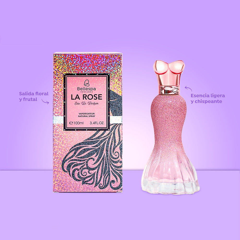 Eau de Parfum La Rose Bellespa Perfumes 100ml frasco rosado con glitter en forma femenina y caja floral multicolor
