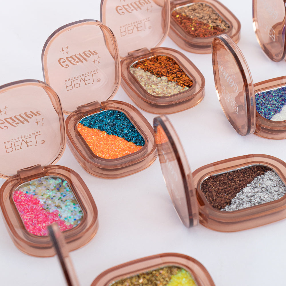 Detalle de sombra glitter individual Reve'l fórmula escarchada bicolor alta pigmentación múltiples variantes disponibles