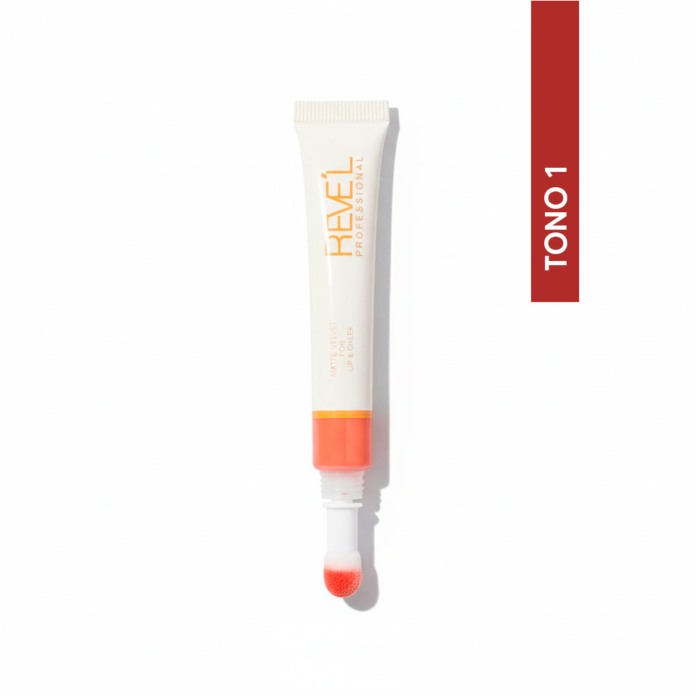 Tint Matte Velvet 2 en 1 para labios y mejillas Reve'l Professional Tono 1 tono rojo sobre fondo blanco