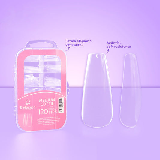 Tips de uñas medium coffin soft gel transparentes Bellespa Cosmetics x120 con estuche organizador rosado