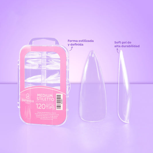 Tips de uñas medium stiletto soft gel transparentes Bellespa Cosmetics x120 con estuche organizador rosado