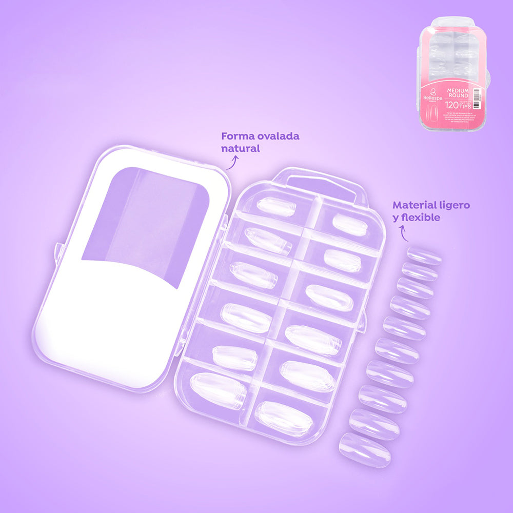 Tips uñas Medium Round 120 unidades Bellespa Cosmetics forma ovalada natural en estuche transparente con organizador