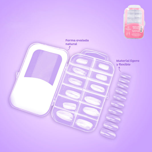 Tips uñas Medium Round 120 unidades Bellespa Cosmetics forma ovalada natural en estuche transparente con organizador
