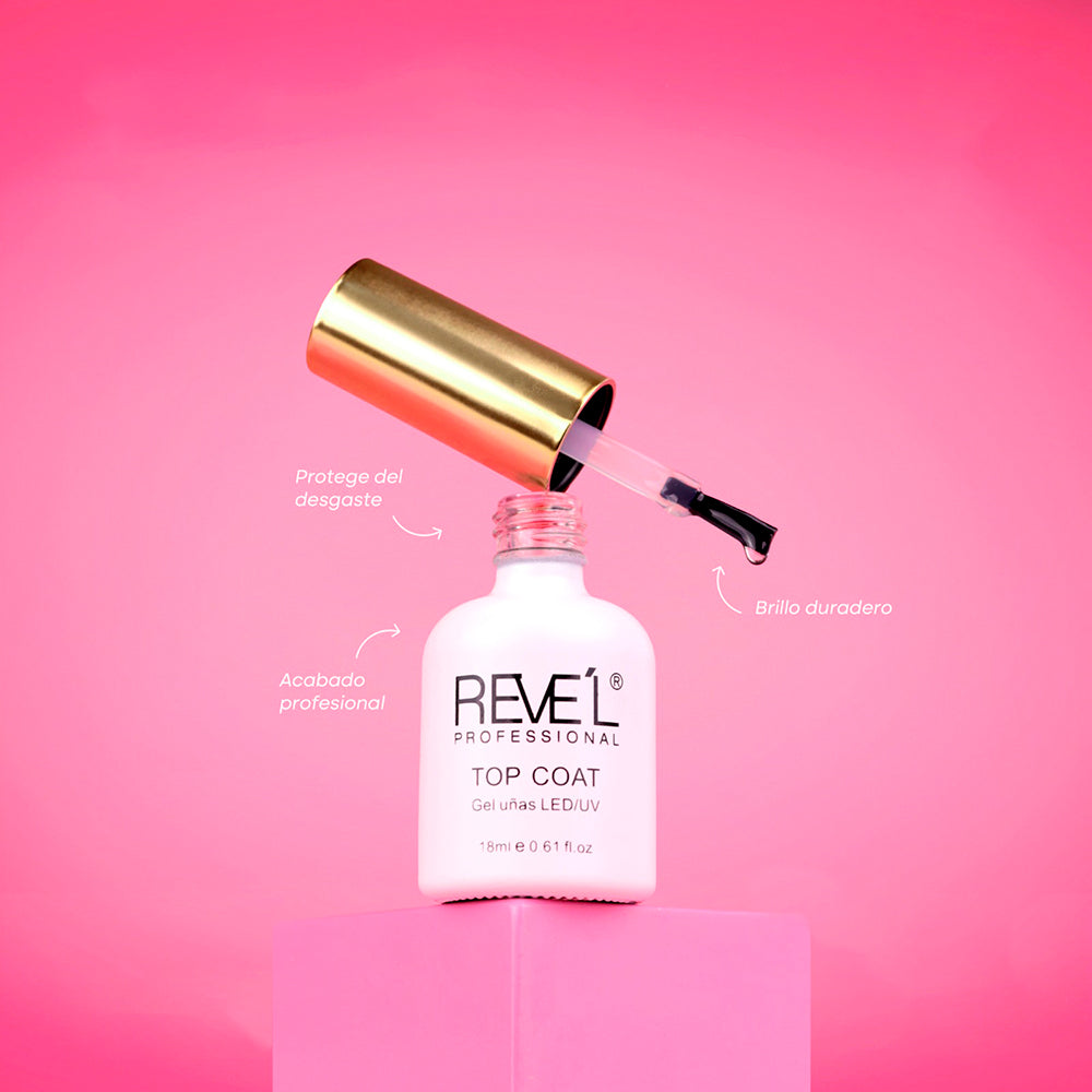 Top Coat Gel Uñas LED/UV 18ml Reve'l en frasco blanco con tapa dorada y pincel aplicador