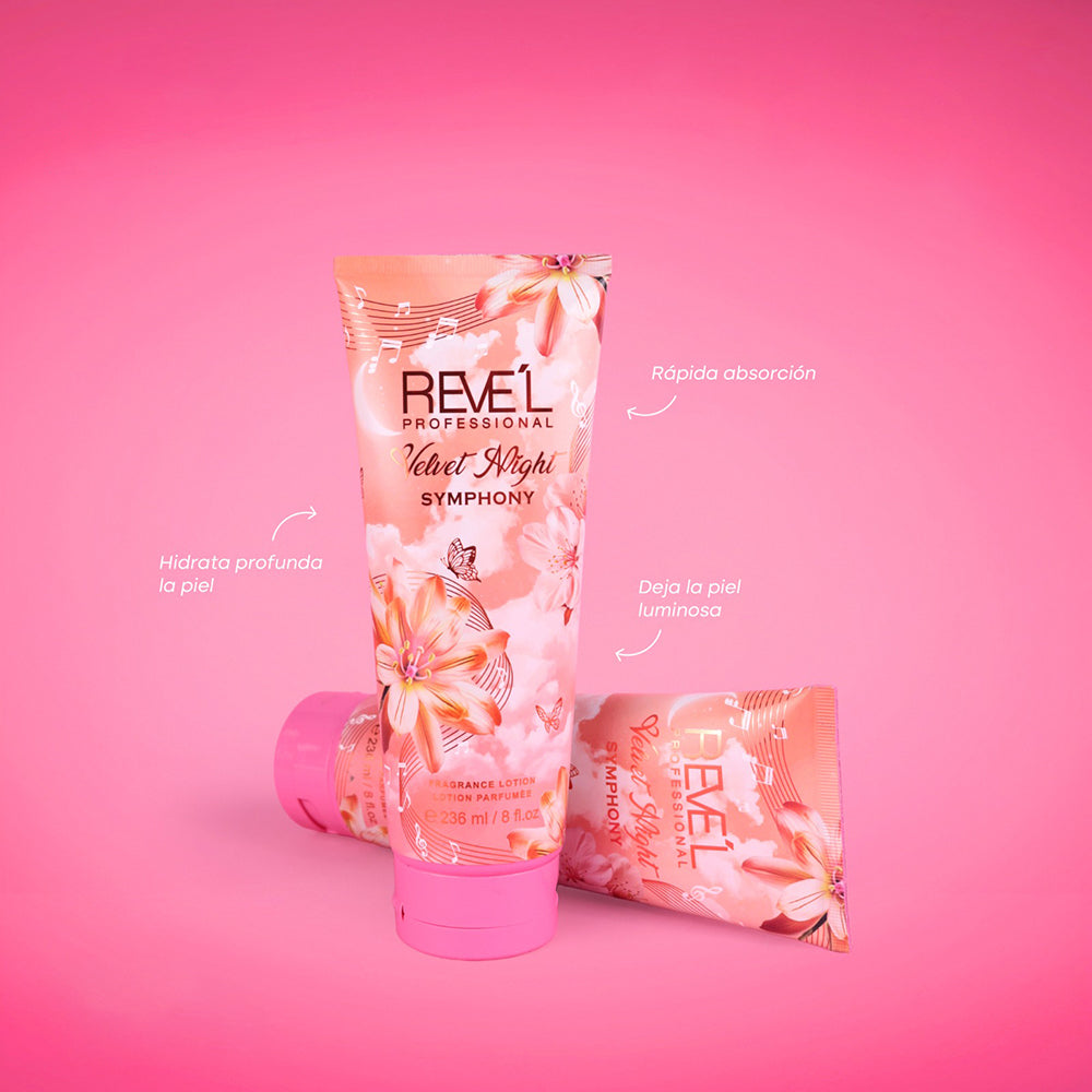 Velvet Night Symphony Loción Corporal Perfumada 236ml Reve'l Professional con diseño floral rosa en tubo y sachet