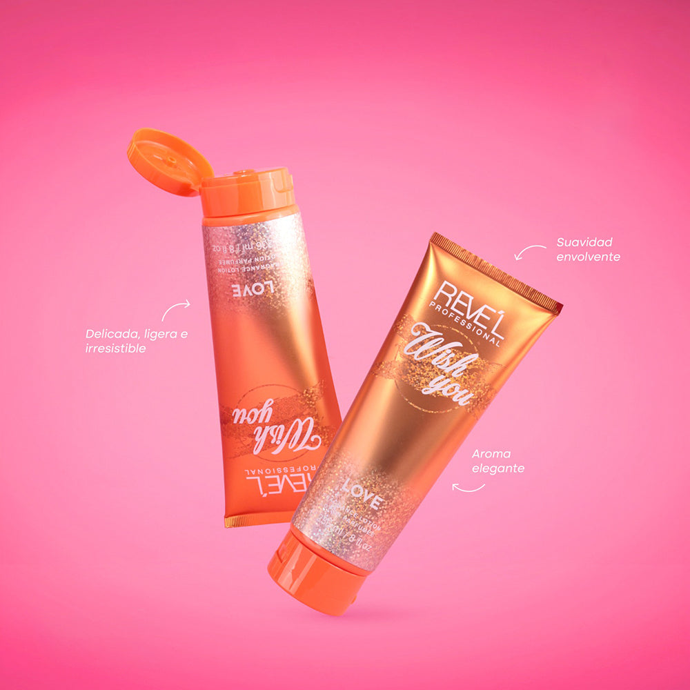 Wish You Love Loción Corporal Perfumada 236ml Reve'l Professional con diseño holográfico dorado y naranja metálico en dos tubos