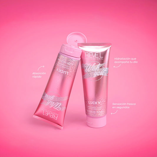Wish You Lucky Loción Corporal Perfumada 236ml Reve'l Professional con diseño holográfico plateado y rosa metálico en dos tubos